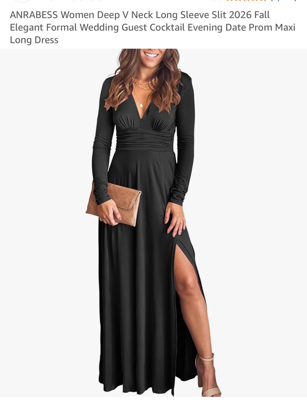 Black Long Sleeve V‑Neck Maxi Dress with Side Slit